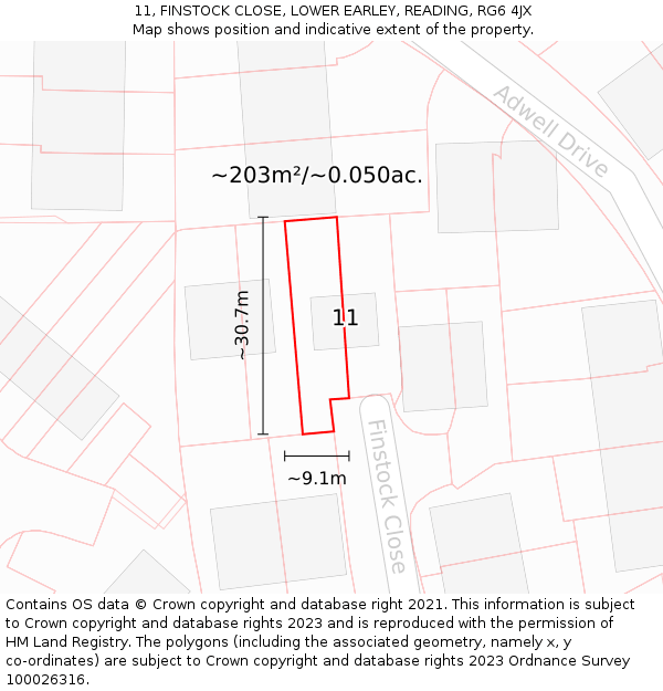 11, FINSTOCK CLOSE, LOWER EARLEY, READING, RG6 4JX: Plot and title map