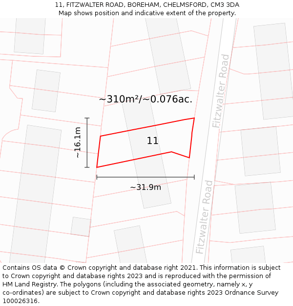 11, FITZWALTER ROAD, BOREHAM, CHELMSFORD, CM3 3DA: Plot and title map