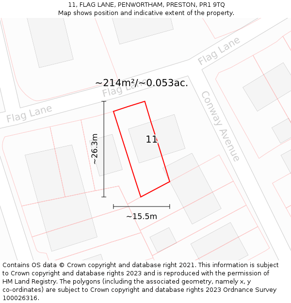 11, FLAG LANE, PENWORTHAM, PRESTON, PR1 9TQ: Plot and title map