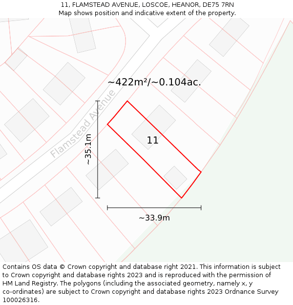 11, FLAMSTEAD AVENUE, LOSCOE, HEANOR, DE75 7RN: Plot and title map