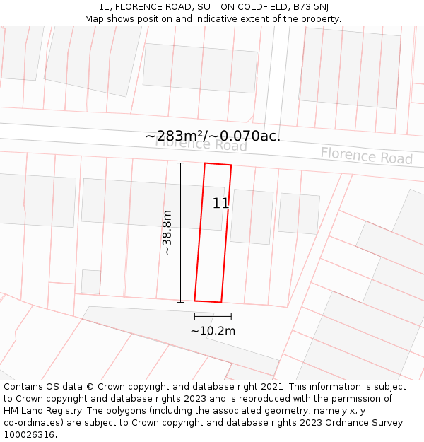 11, FLORENCE ROAD, SUTTON COLDFIELD, B73 5NJ: Plot and title map