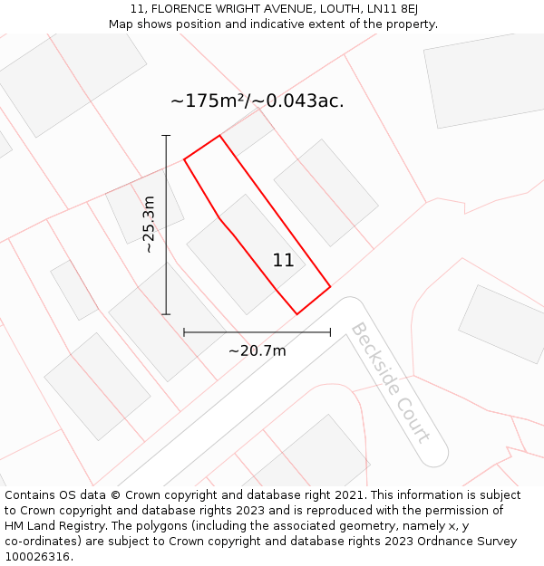 11, FLORENCE WRIGHT AVENUE, LOUTH, LN11 8EJ: Plot and title map
