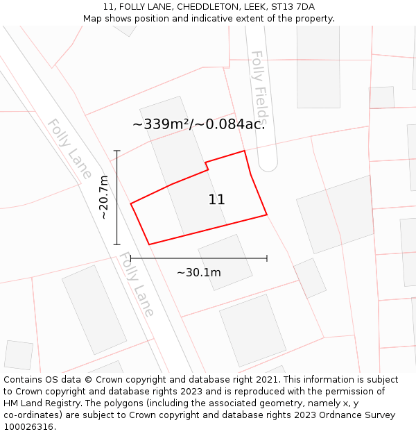 11, FOLLY LANE, CHEDDLETON, LEEK, ST13 7DA: Plot and title map