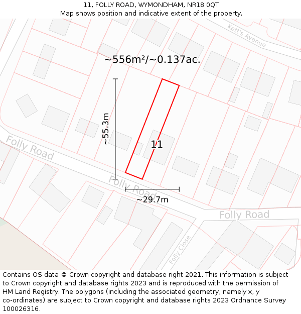 11, FOLLY ROAD, WYMONDHAM, NR18 0QT: Plot and title map