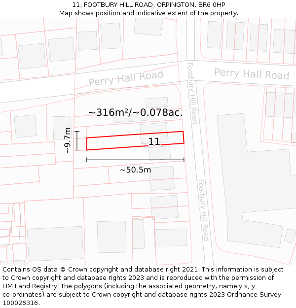 11, FOOTBURY HILL ROAD, ORPINGTON, BR6 0HP: Plot and title map