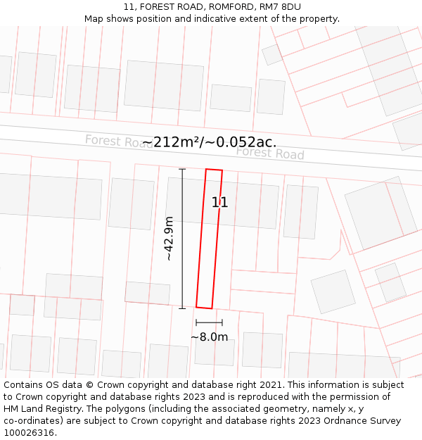 11, FOREST ROAD, ROMFORD, RM7 8DU: Plot and title map
