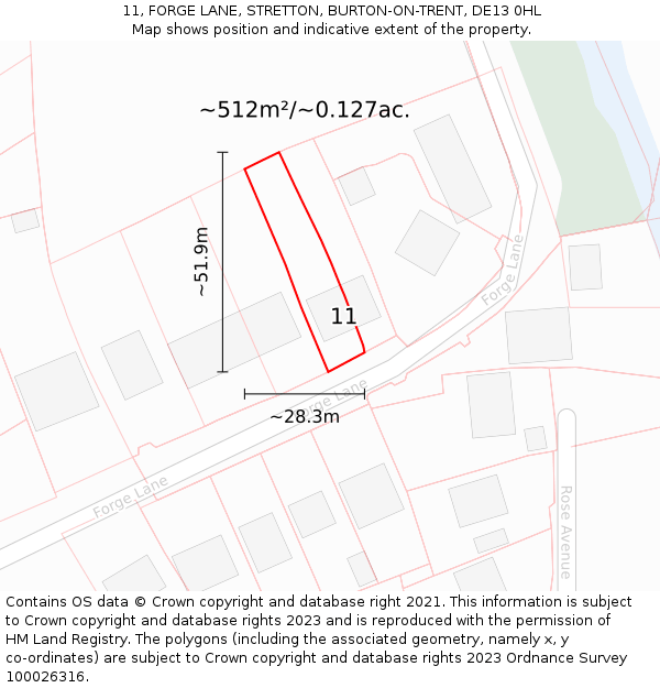 11, FORGE LANE, STRETTON, BURTON-ON-TRENT, DE13 0HL: Plot and title map
