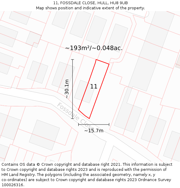 11, FOSSDALE CLOSE, HULL, HU8 9UB: Plot and title map