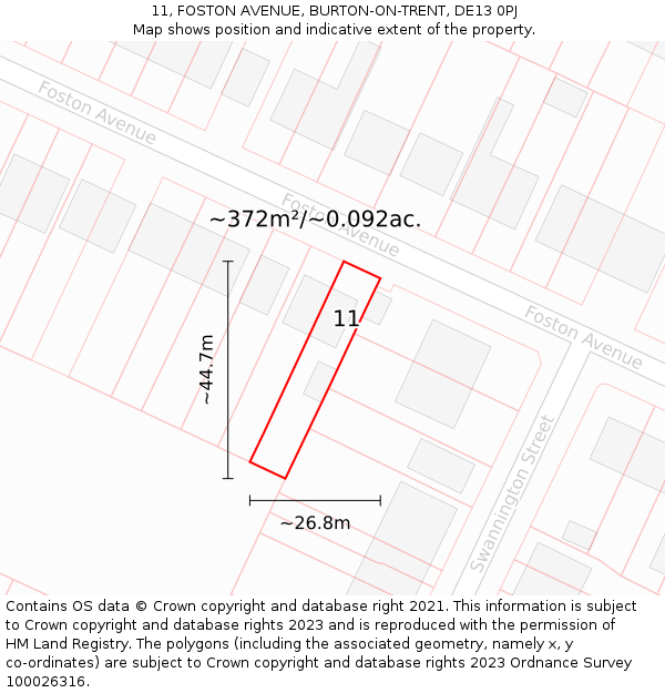 11, FOSTON AVENUE, BURTON-ON-TRENT, DE13 0PJ: Plot and title map