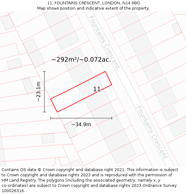 11, FOUNTAINS CRESCENT, LONDON, N14 6BG: Plot and title map