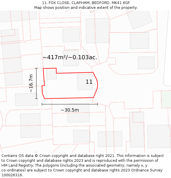 11, FOX CLOSE, CLAPHAM, BEDFORD, MK41 6GF: Plot and title map