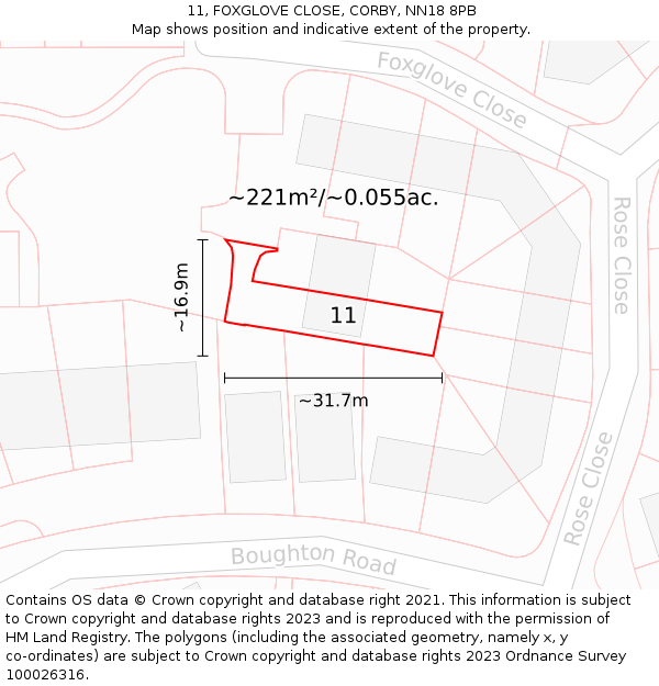 11, FOXGLOVE CLOSE, CORBY, NN18 8PB: Plot and title map