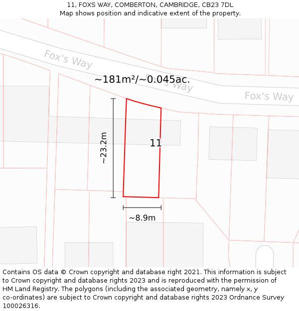 11, FOXS WAY, COMBERTON, CAMBRIDGE, CB23 7DL: Plot and title map