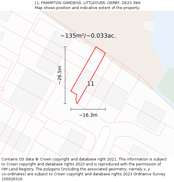 11, FRAMPTON GARDENS, LITTLEOVER, DERBY, DE23 3WX: Plot and title map