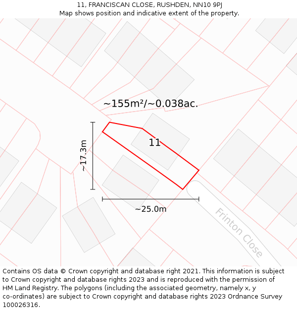 11, FRANCISCAN CLOSE, RUSHDEN, NN10 9PJ: Plot and title map