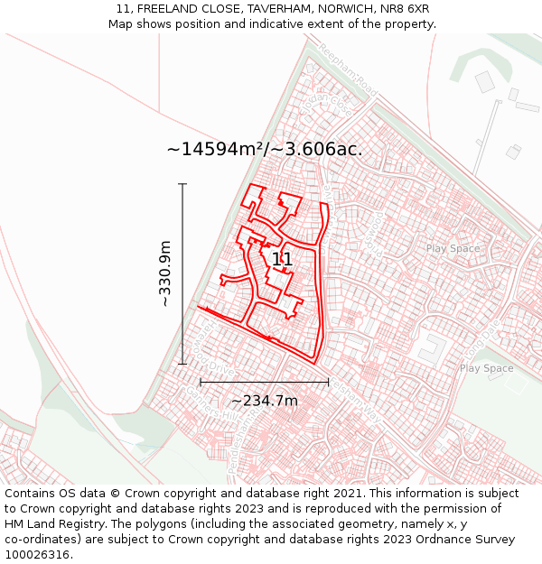 11, FREELAND CLOSE, TAVERHAM, NORWICH, NR8 6XR: Plot and title map