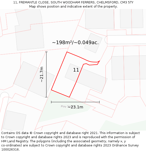 11, FREMANTLE CLOSE, SOUTH WOODHAM FERRERS, CHELMSFORD, CM3 5TY: Plot and title map