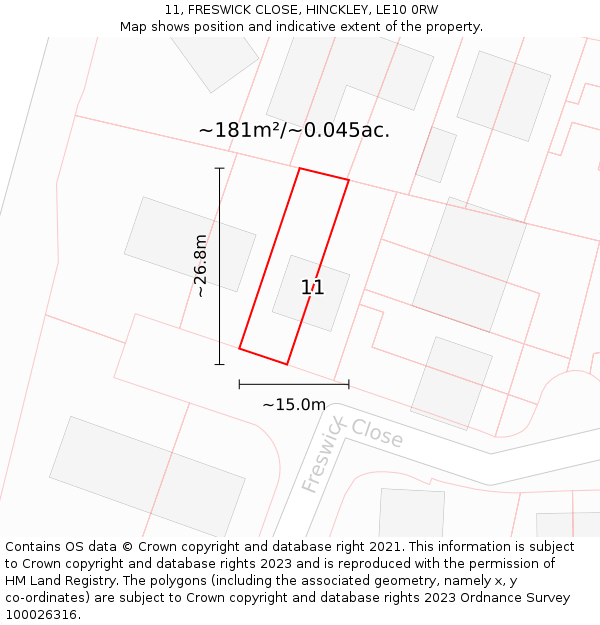 11, FRESWICK CLOSE, HINCKLEY, LE10 0RW: Plot and title map