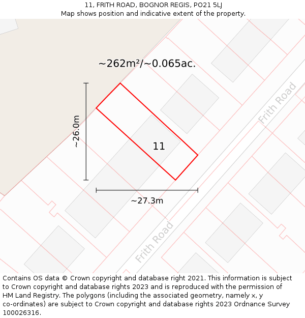 11, FRITH ROAD, BOGNOR REGIS, PO21 5LJ: Plot and title map