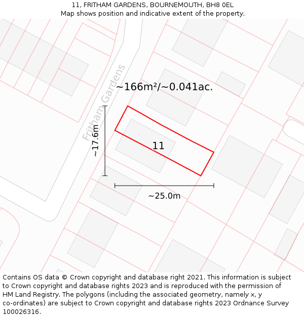 11, FRITHAM GARDENS, BOURNEMOUTH, BH8 0EL: Plot and title map