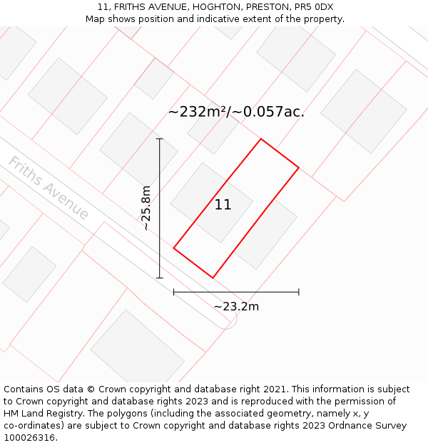 11, FRITHS AVENUE, HOGHTON, PRESTON, PR5 0DX: Plot and title map