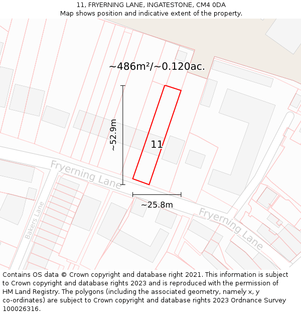 11, FRYERNING LANE, INGATESTONE, CM4 0DA: Plot and title map