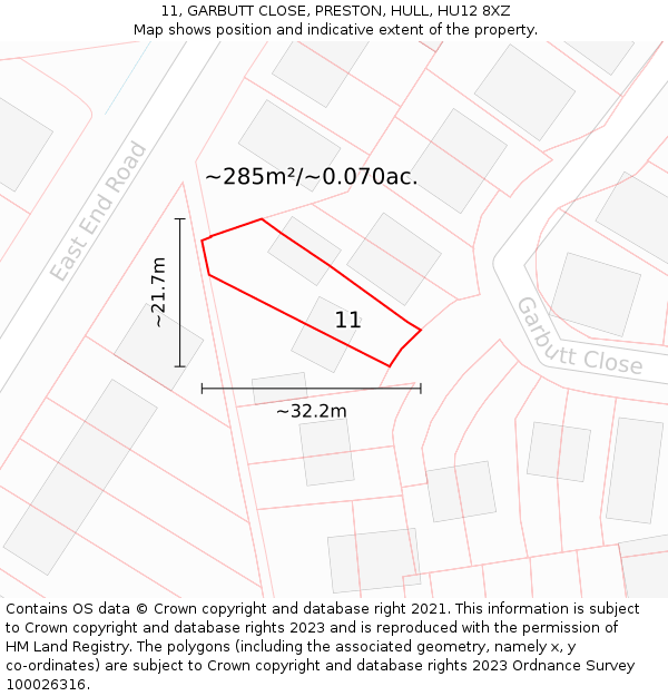 11, GARBUTT CLOSE, PRESTON, HULL, HU12 8XZ: Plot and title map