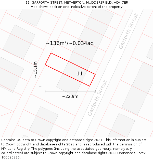 11, GARFORTH STREET, NETHERTON, HUDDERSFIELD, HD4 7ER: Plot and title map