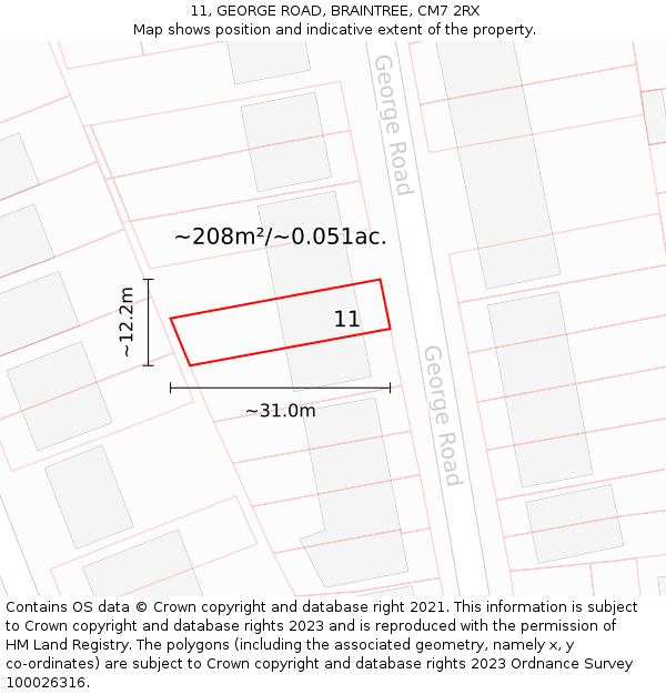 11, GEORGE ROAD, BRAINTREE, CM7 2RX: Plot and title map