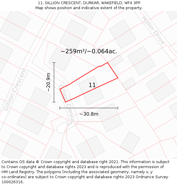 11, GILLION CRESCENT, DURKAR, WAKEFIELD, WF4 3PP: Plot and title map