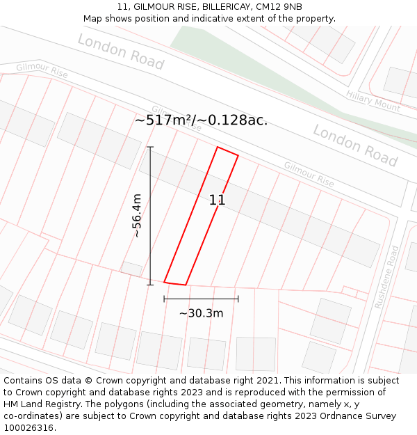 11, GILMOUR RISE, BILLERICAY, CM12 9NB: Plot and title map