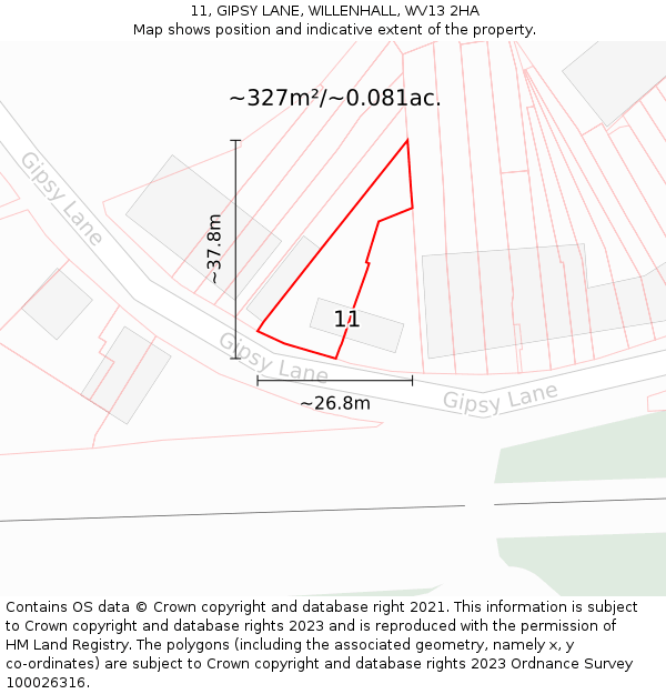 11, GIPSY LANE, WILLENHALL, WV13 2HA: Plot and title map