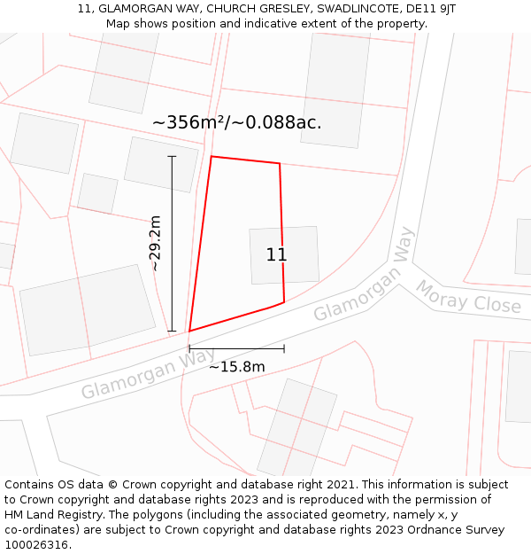 11, GLAMORGAN WAY, CHURCH GRESLEY, SWADLINCOTE, DE11 9JT: Plot and title map
