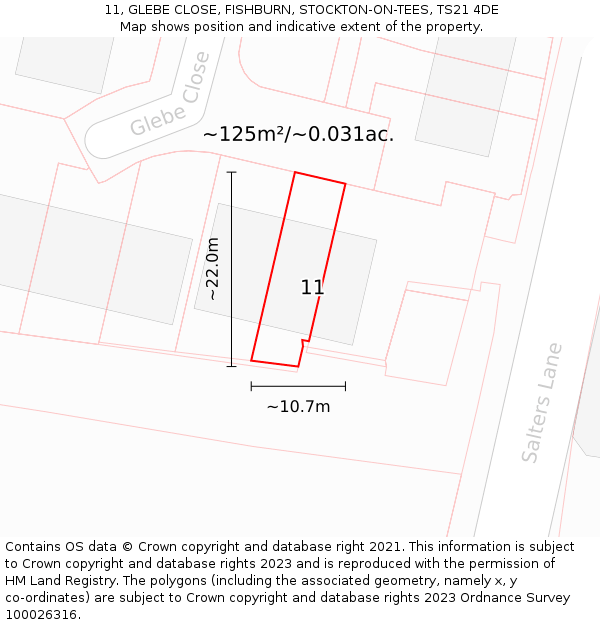11, GLEBE CLOSE, FISHBURN, STOCKTON-ON-TEES, TS21 4DE: Plot and title map