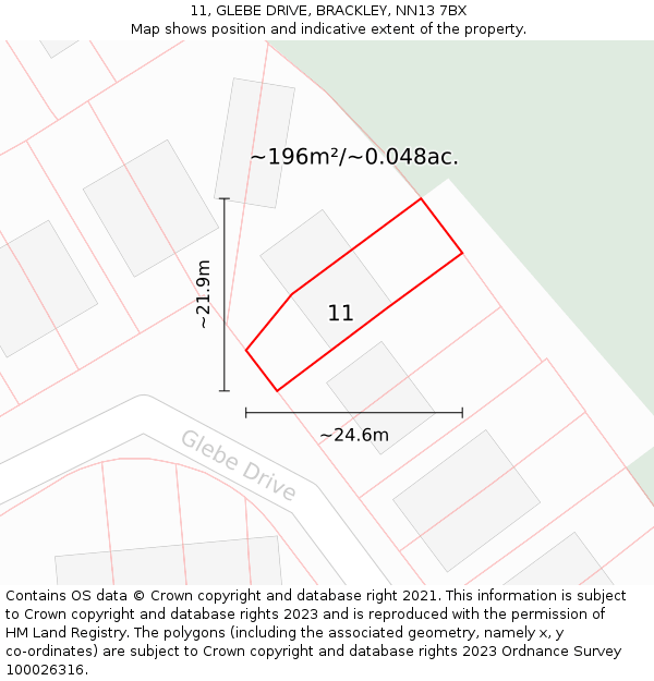 11, GLEBE DRIVE, BRACKLEY, NN13 7BX: Plot and title map