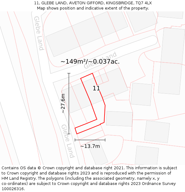11, GLEBE LAND, AVETON GIFFORD, KINGSBRIDGE, TQ7 4LX: Plot and title map