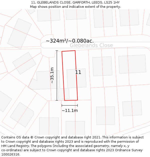 11, GLEBELANDS CLOSE, GARFORTH, LEEDS, LS25 1HY: Plot and title map