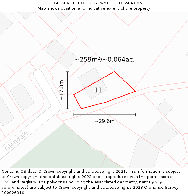 11, GLENDALE, HORBURY, WAKEFIELD, WF4 6AN: Plot and title map