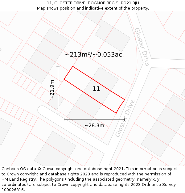 11, GLOSTER DRIVE, BOGNOR REGIS, PO21 3JH: Plot and title map