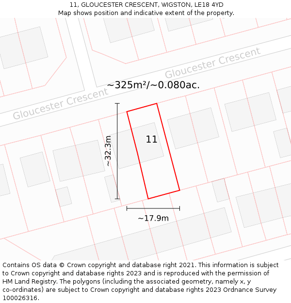 11, GLOUCESTER CRESCENT, WIGSTON, LE18 4YD: Plot and title map