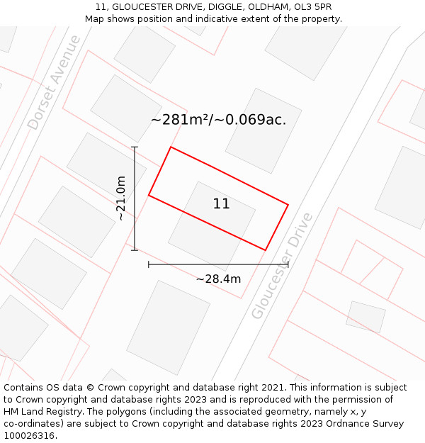 11, GLOUCESTER DRIVE, DIGGLE, OLDHAM, OL3 5PR: Plot and title map