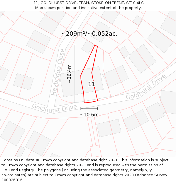 11, GOLDHURST DRIVE, TEAN, STOKE-ON-TRENT, ST10 4LS: Plot and title map