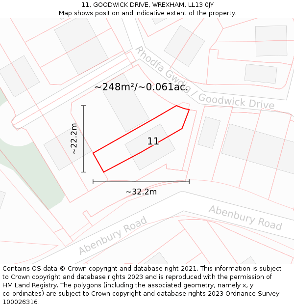 11, GOODWICK DRIVE, WREXHAM, LL13 0JY: Plot and title map