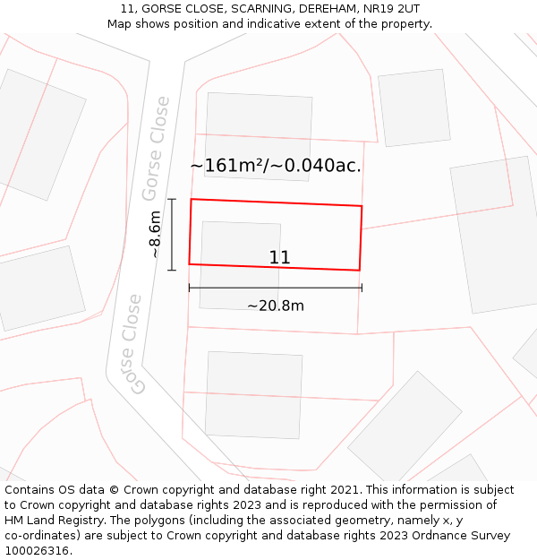 11, GORSE CLOSE, SCARNING, DEREHAM, NR19 2UT: Plot and title map