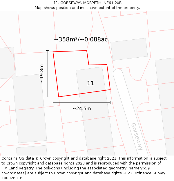 11, GORSEWAY, MORPETH, NE61 2XR: Plot and title map