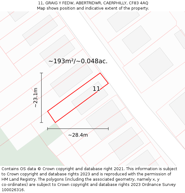 11, GRAIG Y FEDW, ABERTRIDWR, CAERPHILLY, CF83 4AQ: Plot and title map