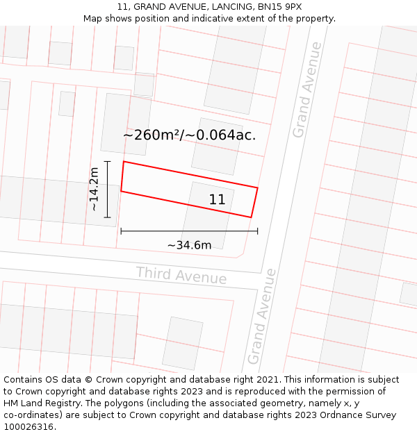 11, GRAND AVENUE, LANCING, BN15 9PX: Plot and title map