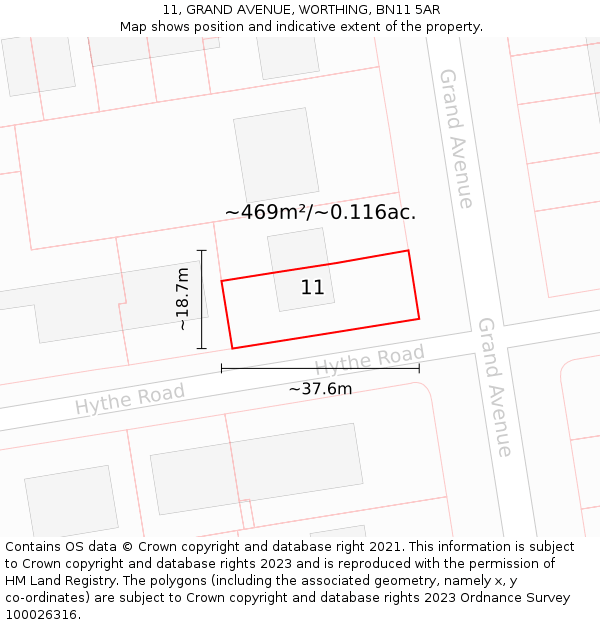 11, GRAND AVENUE, WORTHING, BN11 5AR: Plot and title map