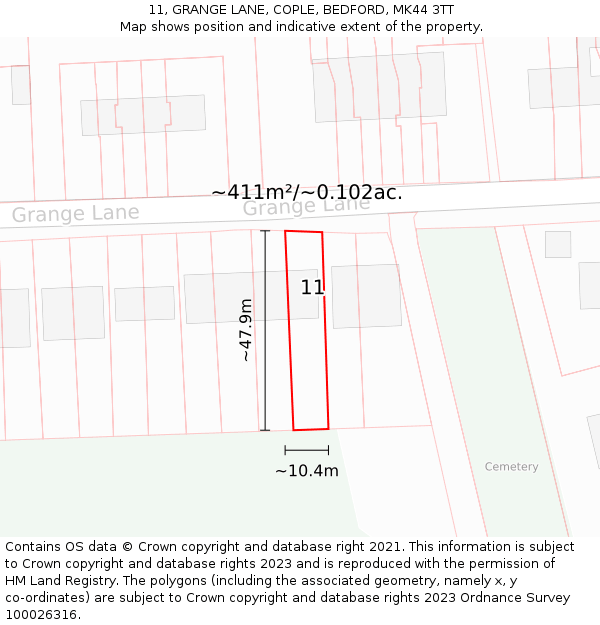 11, GRANGE LANE, COPLE, BEDFORD, MK44 3TT: Plot and title map