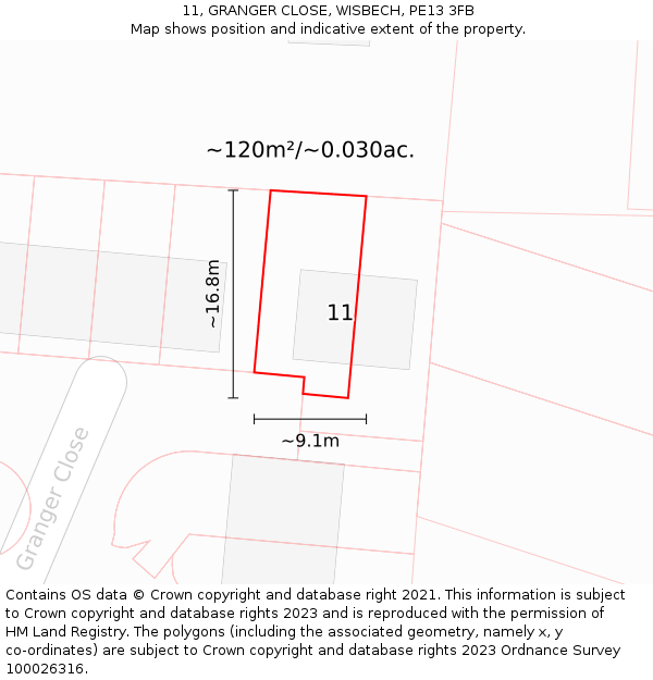 11, GRANGER CLOSE, WISBECH, PE13 3FB: Plot and title map